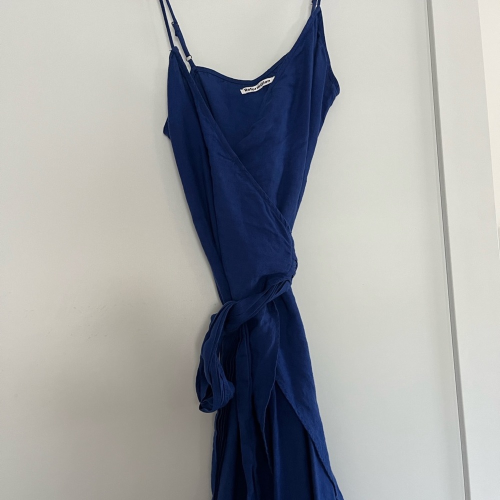 Reformation Navy Midi Wrap Dress